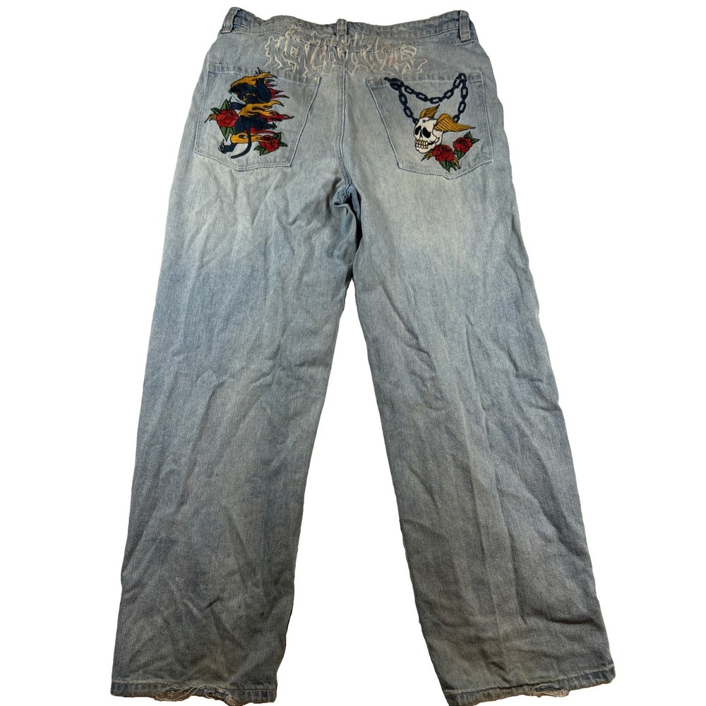 Men's Y2K Embroidered Jeans 32 Skull Panther Roses Streetwear Grunge Skater